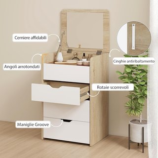 Estación de Maquillaje 3 en 1 Con Espejo Plegable, Taburete Oculto, Tocador de Maquillaje Con Taburete Acolchado con Ruedas, 3 Cajones, Superficie de Vidrio Transparente, Espacio de Almacenamiento...