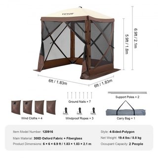 Tenda Gazebo Pieghevole, Tenda Schermo Pieghevole a 4 Lati, Rifugio Solare con 4 Tende Privacy Rimovibili e Finestre a Maglia, Tenda Schermo 6x6FT con Rete Antizanzare, Marrone