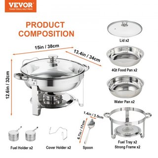Set di 2 vassoi chafing rotondi con coperchio in vetro e supporto per combustibile
