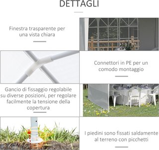 Gazebo da Giardino 6x3 M con Fori di Drenaggio, Pareti Rimuovibili e Finestre, Gazebo Esterno in Acciaio e PE, Protezione UV, per Giardino, Feste, Campeggio, Matrimoni e Mercati, Bianco
