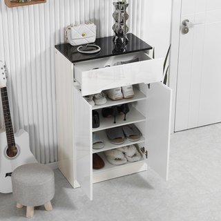 Zapatero Slim Para 12 Pares Máx. para Entradas y Pasillos Con 3 Estantes Regulables y Cajón, en Aglomerado Blanco, 60X32X100 Cm