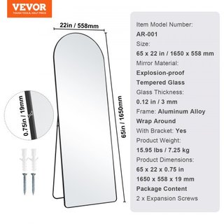 Specchio a Corpo Intero Curvato, 65" x 22", Grande Specchio a Terra, Specchio da Parete a Sospensione Montato a Terra con Supporto in Lega di Alluminio, Specchio per Camera da Letto