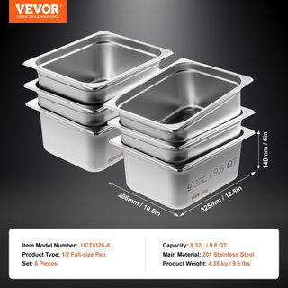 6 Paquete de Sartenes de Hotel, Sartén de Vapor Anti-Jam de 1/2 Tamaño, Sartén de Mesa de Acero Inoxidable de 0.8 mm para Restaurante, Sartén de Mesa Comercial de 6 Pulgadas de Profundidad, Sartén...