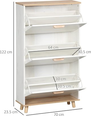 Mueble Zapatero Ahorra Espacio en Aglomerado con 3 Cajones y 2 Estantes Internos Regulables, 70X23.5X122 Cm, Blanco