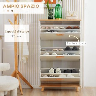 Mueble Zapatero Ahorra Espacio en Aglomerado con 3 Cajones y 2 Estantes Internos Regulables, 70X23.5X122 Cm, Blanco