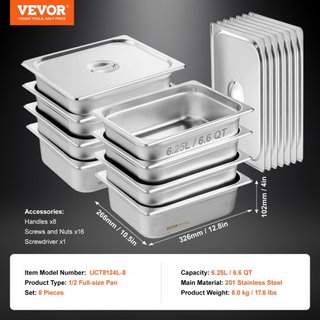 8 Paquete de Sartenes de Hotel, Sartén de Vapor Anti-Jam de 1/2 Tamaño con Tapa, Sartén de Mesa de Acero Inoxidable de 0.8 mm de Grosor, Sartén Comercial de 4 Pulgadas de Profundidad, Sartén de Al...