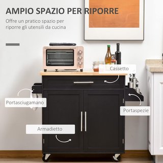 Carrito De Cocina Multifuncional Con Cajón, Ruedas, Porta Especias Y Armario, Mueble De Cocina Con Estante Regulable, Porta Toallas Y Superficie De Madera De Caucho, 109X40X89 Cm, Negro