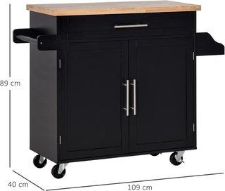 Carrito De Cocina Multifuncional Con Cajón, Ruedas, Porta Especias Y Armario, Mueble De Cocina Con Estante Regulable, Porta Toallas Y Superficie De Madera De Caucho, 109X40X89 Cm, Negro
