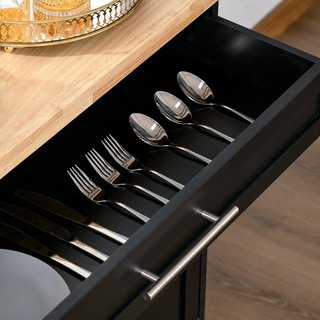 Carrito De Cocina Multifuncional Con Cajón, Ruedas, Porta Especias Y Armario, Mueble De Cocina Con Estante Regulable, Porta Toallas Y Superficie De Madera De Caucho, 109X40X89 Cm, Negro