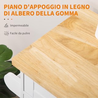 Carro De Cocina Multiusos Con Cajón, Ruedas, Porta Especias Y Armario, Mueble De Cocina Con Estante Regulable, Porta Toallas Y Tablero De Madera De Caucho, 109X40X89 Cm, Blanco