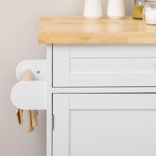 Carro De Cocina Multiusos Con Cajón, Ruedas, Porta Especias Y Armario, Mueble De Cocina Con Estante Regulable, Porta Toallas Y Tablero De Madera De Caucho, 109X40X89 Cm, Blanco