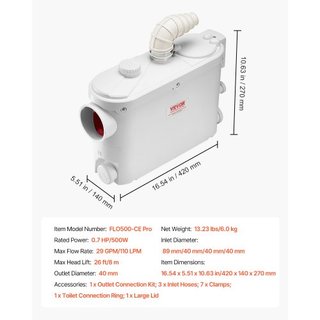Bomba Maceradora, 500W, flusso 6600 L/h, altezza 8 m, pompa per acque reflue con 3 ingressi per WC, seminterrato, cucina, lavandino, doccia, scarico