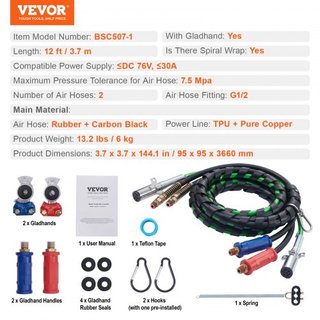 Kit de Líneas de Aire para Camiones Semi de 12FT con 2PCS Glad Hands, Mangueras de Aire 3 en 1 y Línea de Energía Eléctrica ABS de 7 Vías, con 2PCS Manijas Gladhand, 4PCS Sellos y Kit de Resorte T...