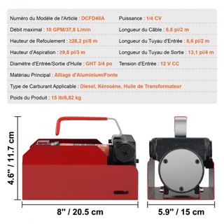 Bomba de Transferencia de Combustible, 12V CC 37.9 LPM 798.6 cm de Elevación, Kit de Bomba Extractora de Diesel Eléctrica Portátil con Boquilla de Apagado Automático, Manguera de Entrega y Succión...
