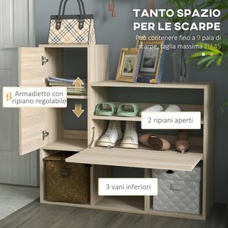 Conjunto de Muebles de Entrada 3 en 1 con Zapatero para 9 Pares de Zapatos, Perchero de Pared con 4 Ganchos, Armario y Espejo en MDF