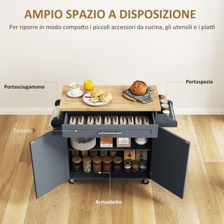 Carro De Cocina Multiusos Con Cajón, Ruedas, Porta Especias Y Armario, Mueble De Cocina Con Estante Regulable, Porta Toallas Y Tablero De Madera De Caucho, 109X40X89 Cm, Gris