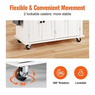Carro de Cocina con Superficie de Madera Sólida, Carros Móviles de 90 cm de Ancho con Armario de Almacenamiento, Mesa de Cocina Rodante con Estante para Especias, Soporte para Toallas y Cajón, Isl...