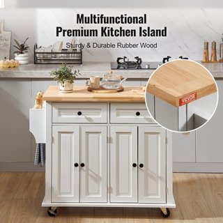 Carro de Cocina con Superficie de Madera Sólida, Carros Móviles de 90 cm de Ancho con Armario de Almacenamiento, Mesa de Cocina Rodante con Estante para Especias, Soporte para Toallas y Cajón, Isl...