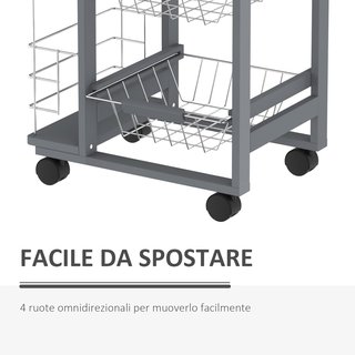 Carrito De Cocina Con 3 Cajones Extraíbles, Un Cajón Y 2 Portabotellas, Carrito Organizador De Madera De Pino Y Metal, 47X37X83 Cm, Color Roble Y Gris