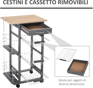 Carrito De Cocina Con 3 Cajones Extraíbles, Un Cajón Y 2 Portabotellas, Carrito Organizador De Madera De Pino Y Metal, 47X37X83 Cm, Color Roble Y Gris