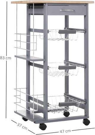 Carrito De Cocina Con 3 Cajones Extraíbles, Un Cajón Y 2 Portabotellas, Carrito Organizador De Madera De Pino Y Metal, 47X37X83 Cm, Color Roble Y Gris