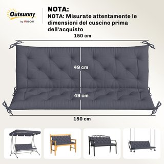 Cuscino da Giardino Moderno per Sedute Esterne con 6 Fasce, Cuscino Imbottito in Cotone e Poliestere per Divani, Amache e Panchine, 150X98X8 Cm, Grigio Scuro