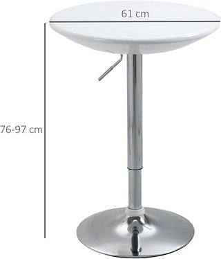 Mesa Redonda De Bar Con Tablero Giratorio, Altura Ajustable Con Palanca De Gas Y Base De Acero, Φ61X76-97Cm, Blanco