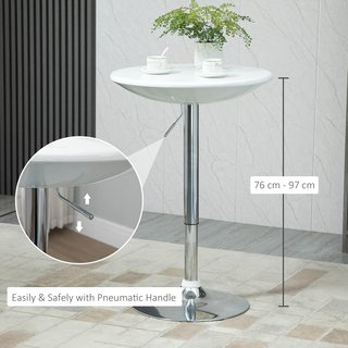Mesa Redonda De Bar Con Tablero Giratorio, Altura Ajustable Con Palanca De Gas Y Base De Acero, Φ61X76-97Cm, Blanco