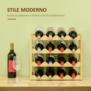Scaffale per Bottiglie di Vino a 4 Livelli per 16 Bottiglie, Credenza in Bambù per Cucina e Soggiorno, 43X23.5X38Cm