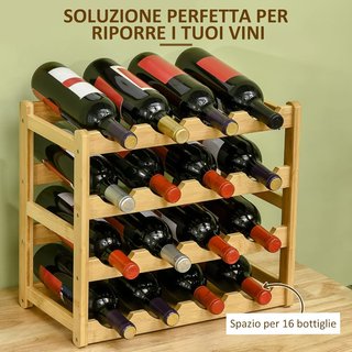 Scaffale per Bottiglie di Vino a 4 Livelli per 16 Bottiglie, Credenza in Bambù per Cucina e Soggiorno, 43X23.5X38Cm