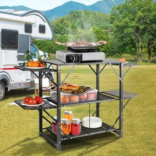 Tavolo da Cucina per Campeggio, Stazione da Cucina Portatile Pieghevole in Un Pezzo con Borsa di Trasporto, Tavolo da Campeggio in Alluminio con 4 Tavoli Laterali in Ferro e 2 Ripiani, Ideale per Pic-nic...