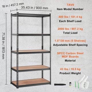 Unità di Stoccaggio a Scaffale, Regolabile a 5 Livelli, Capacità 2000 lbs, Scaffali Garage ad Alta Resistenza, Organizer in Metallo, Rack Utilità, Nero, 35" L x 18" P x 71" A