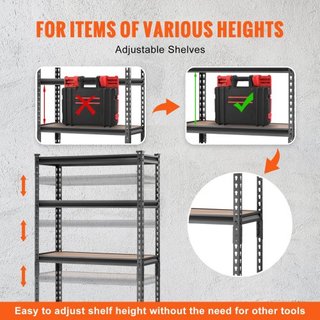 Unità di Stoccaggio su Scaffale, Regolabile a 5 Livelli, Capacità 2000 lbs, Scaffali Garage ad Alta Resistenza, Organizer in Metallo, Rack Utilità, Nero, 30" L x 12" P x 60" A