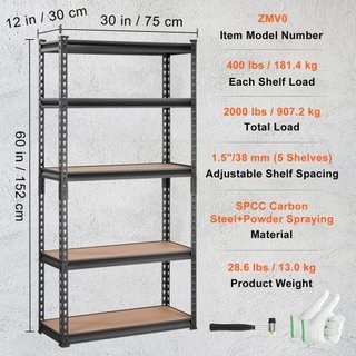 Unità di Stoccaggio su Scaffale, Regolabile a 5 Livelli, Capacità 2000 lbs, Scaffali Garage ad Alta Resistenza, Organizer in Metallo, Rack Utilità, Nero, 30" L x 12" P x 60" A
