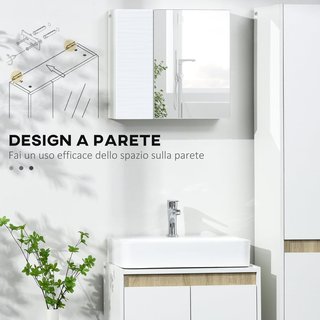 Mueble de Baño con Espejo, 2 Puertas y Estantes Regulables, Espejo de Baño Contenedor en Aglomerado y Vidrio, Diseño de Pared, 48X15X45 Cm, Blanco