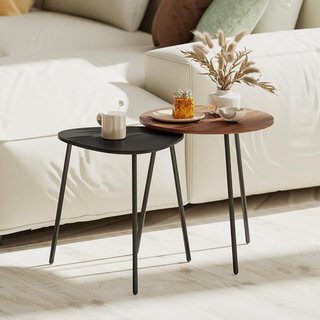 Set di 2 tavoli da caffè impilabili, tavoli bassi con struttura in metallo per soggiorno, camera da letto e ufficio, noce e nero
