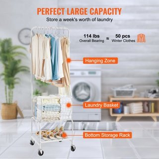 Carrello per Biancheria in Metallo con Cesto Lavatrice Mobile e Supporto per Indumenti, Carrello per Bucato con Regolazione Altezza, Organizzatore con Ruote Bloccabili ad Alta Resistenza