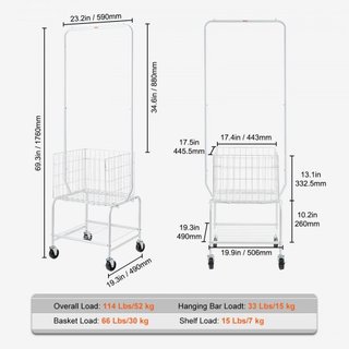 Carrello per Biancheria in Metallo con Cesto Lavatrice Mobile e Supporto per Indumenti, Carrello per Bucato con Regolazione Altezza, Organizzatore con Ruote Bloccabili ad Alta Resistenza