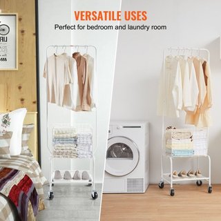 Carrello per Biancheria in Metallo con Cesto Lavatrice Mobile e Supporto per Indumenti, Carrello per Bucato con Regolazione Altezza, Organizzatore con Ruote Bloccabili ad Alta Resistenza