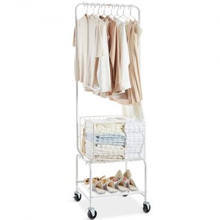 Carrello per Biancheria in Metallo con Cesto Lavatrice Mobile e Supporto per Indumenti, Carrello per Bucato con Regolazione Altezza, Organizzatore con Ruote Bloccabili ad Alta Resistenza