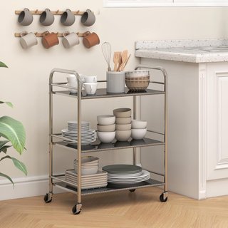 Carro de Cocina de 3 Niveles con Estante Central Ajustable y Bordes Elevados, Carro de Cocina Ahorra Espacio en Acero Inoxidable 201 con 4 Ruedas y 2 Frenos, 60X35X77 Cm, Plata