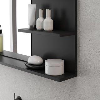 Espejo de Baño Moderno con 2 Estantes Laterales y Estante Inferior, Espejo de Pared en MDF y Vidrio, 75X10X48 Cm, Negro