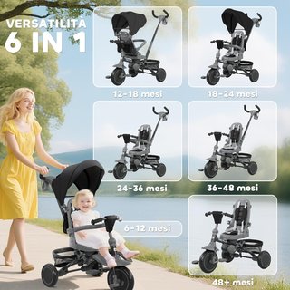 6 en 1 Triciclo Cochecito Bicicleta para Niños de 1 a 5 Años Hasta 25Kg, Triciclo Plegable Con Asiento Giratorio Frente a Mamá o Calle, Capota, Manillar, Bolsa, Ruedas y Cinturón de 5 Puntos, Negro