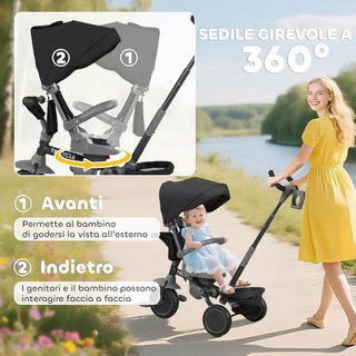 6 en 1 Triciclo Cochecito Bicicleta para Niños de 1 a 5 Años Hasta 25Kg, Triciclo Plegable Con Asiento Giratorio Frente a Mamá o Calle, Capota, Manillar, Bolsa, Ruedas y Cinturón de 5 Puntos, Negro