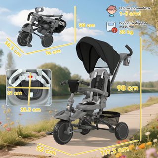 6 en 1 Triciclo Cochecito Bicicleta para Niños de 1 a 5 Años Hasta 25Kg, Triciclo Plegable Con Asiento Giratorio Frente a Mamá o Calle, Capota, Manillar, Bolsa, Ruedas y Cinturón de 5 Puntos, Negro