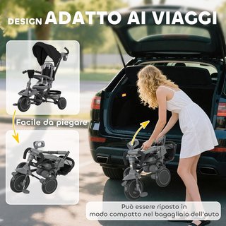 6 en 1 Triciclo Cochecito Bicicleta para Niños de 1 a 5 Años Hasta 25Kg, Triciclo Plegable Con Asiento Giratorio Frente a Mamá o Calle, Capota, Manillar, Bolsa, Ruedas y Cinturón de 5 Puntos, Negro