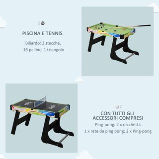 Tavolo da gioco 4 in 1 per calcio balilla, biliardo, air hockey e ping pong con accessori inclusi, tavolo multigioco pieghevole in MDF e plastica, multicolore