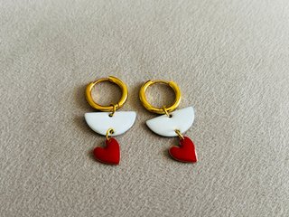 Pendientes Aro Dorados Corazón Rojo Blanco