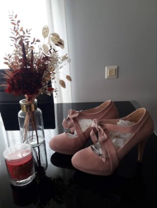 Zapatos tacón rosa palo lazos Mary Jane