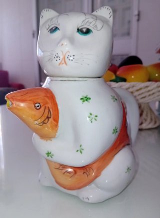 Jarra Tetera Gato con Pez Porcelana China